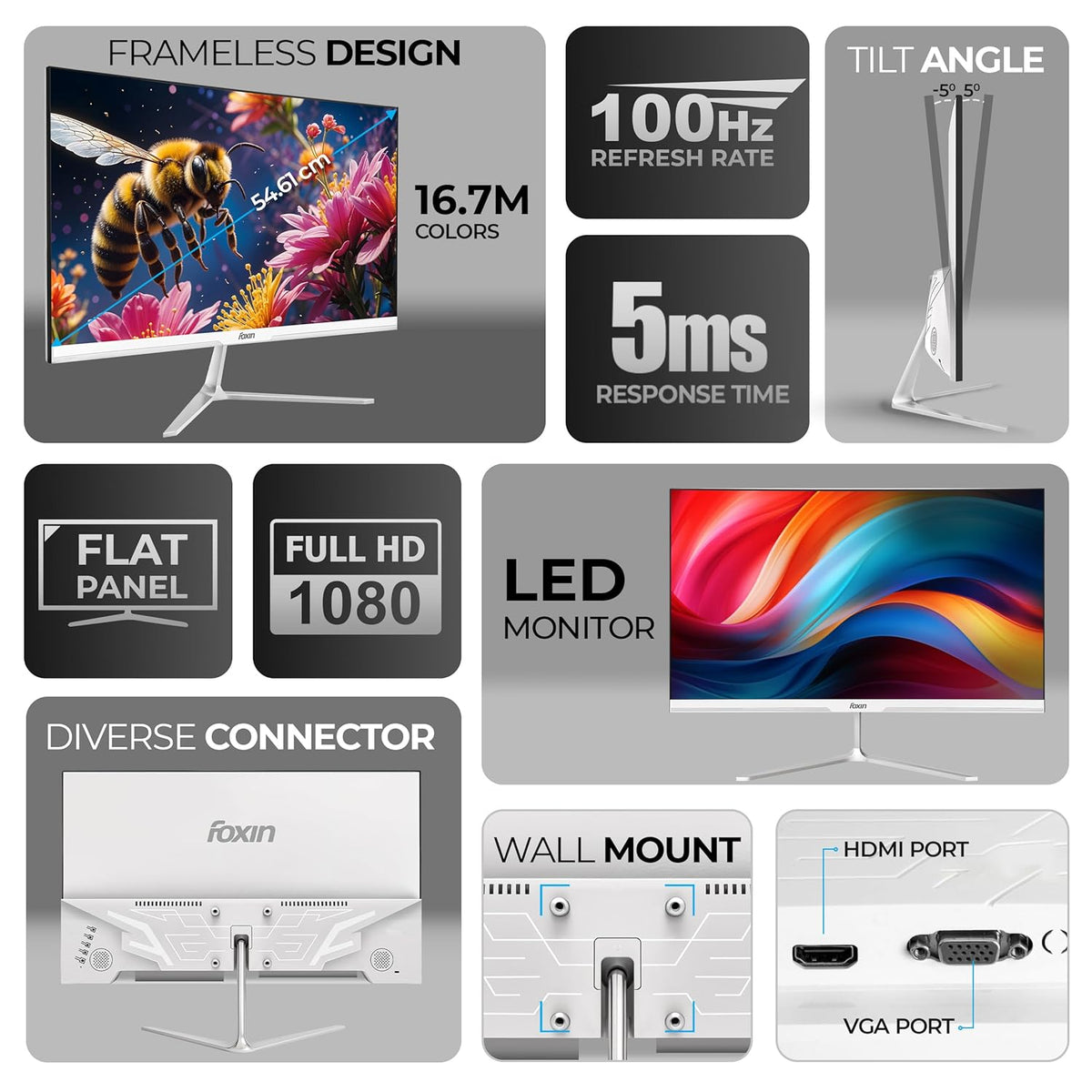 Foxin 22 Inch FHD Flat LED Monitor 1920x1080 Pixel Elite Series | Flat Panel, HDMI & VGA Port, 100Hz Refresh Rate, Flicker-Free, Frameless, Slim Bezel, Wall Mountable, 16.7 M Colors | 3 Years Warranty